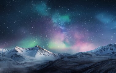 Wall Mural - Aurora Borealis Illuminates Snow-Capped Mountains Under Starry Sky at Night