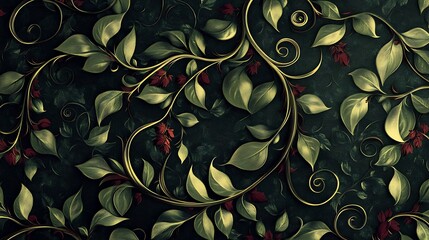 Scroll and bunch of vine pattern, intricate swirling vines with detailed leaves, rich green and burgundy, ornate textile design, elegant curves