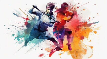 Two people playing a sport with a colorful background