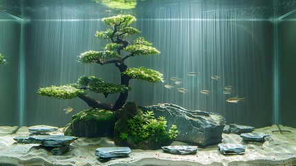 A tranquil Zen garden aquarium showcasing smooth stones, delicate bonsai-style plants, and calm fish swimming gracefully. The scene is lit by soft, diffused lighting,