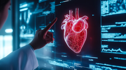 Sticker - A hand of doctor points at a human heart X-ray on a monitor. The concept focuses on medical analysis, precision, and the importance of heart health. Generative AI.