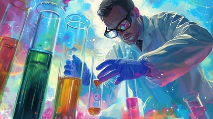 Wall Mural - Illustration of a scientist performing a qualitative analysis using test tubes, focusing on the observation of reaction products