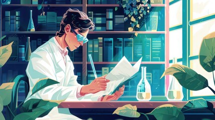 Wall Mural - Illustration of a scientist reviewing previous research literature, highlighting the importance