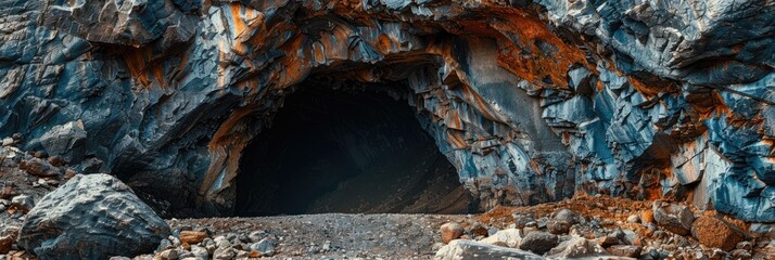 Exterior view of cave entrance in a historical mineral mine, featuring a dark opening in the rock wall.