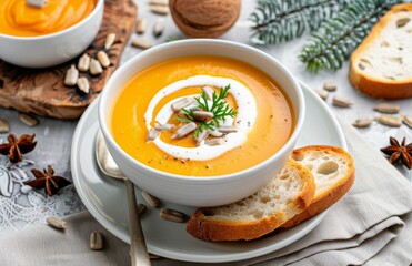 Wall Mural - Creamy Pumpkin Soup With Fresh Herbs and Bread on Rustic Wooden Table