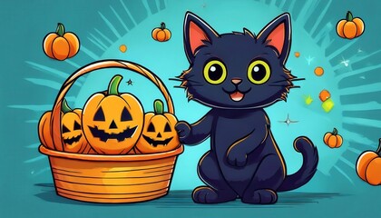 Adorable cartoon black cat with a basket of Halloween pumpkins, perfect for festive decorations and seasonal designs.