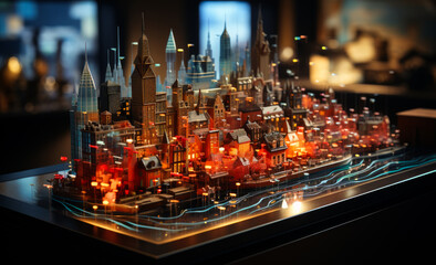 Wall Mural - A model of a city with a river running through it. The buildings are made of glass and are brightly colored. Scene is one of wonder and amazement at the intricacy of the model