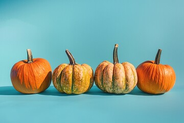 Thanksgiving pumpkins on a blue background with empty space. Generative Ai