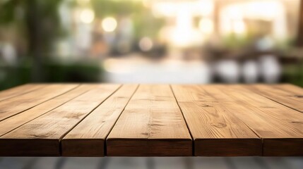 Empty wooden table with a blurred glass background