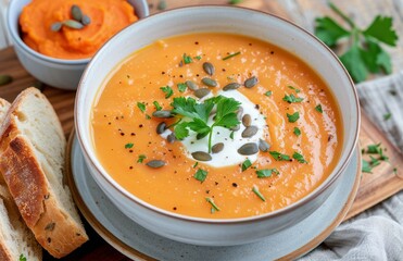 Wall Mural - Creamy Pumpkin Soup With Fresh Herbs and Bread on Rustic Wooden Table