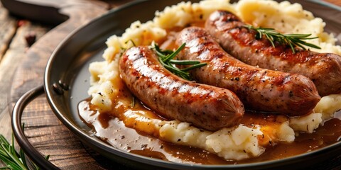 Wall Mural - Pork Sausages in Sauce with Mashed Potatoes Authentic Image