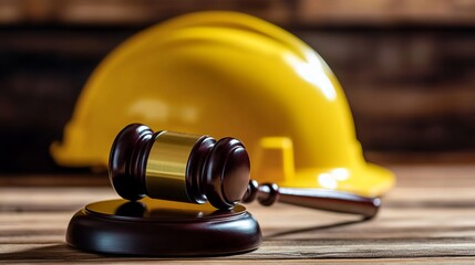 Judge's gavel placed in front of a yellow safety helmet on a wooden table