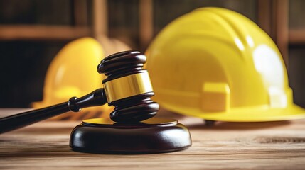 Judge's gavel placed in front of a yellow safety helmet on a wooden table