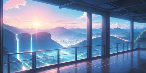 Wall Mural - Soft pastel anime style of breathtaking panoramic view of a underworld background