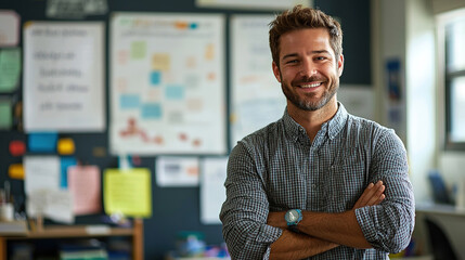 Canvas Print - a photo portrait of a beautiful young male american school teacher standing in the classroom 