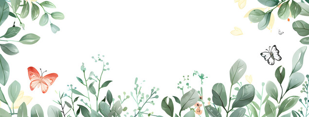 Sticker - Watercolor illustration of a white background with green leaves and butterflies.