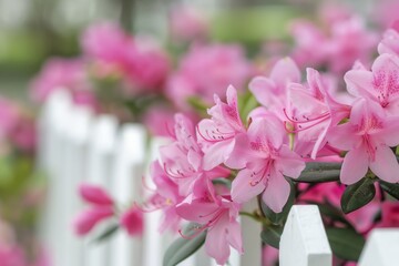 Sticker - Vibrant Pink Azalea Blooms Against White Picket Fence in Spring Garden