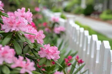 Sticker - Vibrant Pink Azalea Blooms Against White Picket Fence in Spring Garden