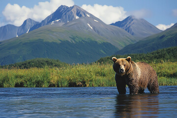 Canvas Print - Brown bear Ursus Arctos stands in the water behind mountains 