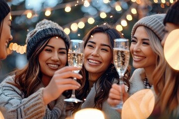 Poster - Friends Celebrating With Toasts and Drinks at an Outdoor Gathering in the Evening