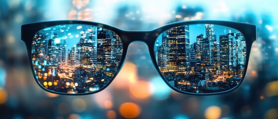 cityscape reflecting on a coder s glasses, where each building is being coded in realtime, software 
