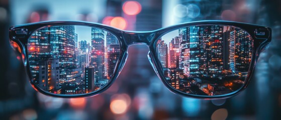 cityscape reflecting on a coder s glasses, where each building is being coded in realtime, software 