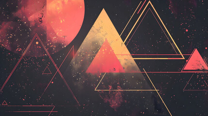 Sticker - Abstract geometric design with red and gold triangles on a dark background with scattered dots.