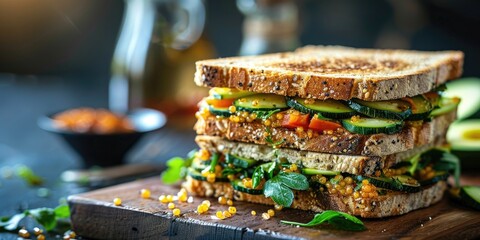 Poster - Toasted Sandwich with Zucchini Caviar Nutritious Vegetarian Snack with Copy Space