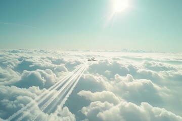 Wall Mural - two airplanes flying high in the sky with fluffy white clouds below