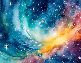 Watercolor illustration of space background with planets, stars, galaxy