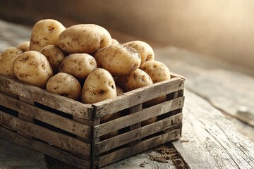 Sticker - A crate full of potatoes sits on a wooden table