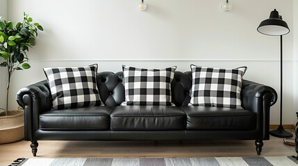 Wall Mural - A cozy living space featuring black and white gingham checkered throw pillows on a sleek black leather sofa, set against a crisp white wall.