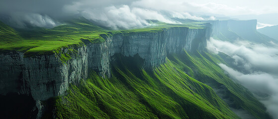 Wall Mural -  high mountains of China, aerial photography shows green grasslands and cliffs with clouds floating in front. The picture is grand, with a cinematic feel and ultra-high definition details. High contra