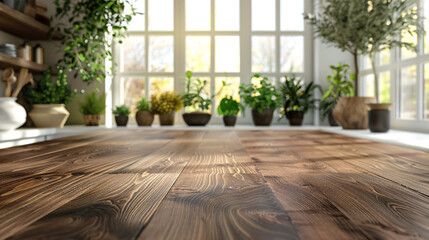 A polished, dark walnut wooden tabletop in sharp focus, with a blurred background of a bright and airy home kitchen