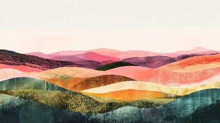 Harmonious landscape collage featuring pastel colors and dynamic textures illustrating rolling hills and bright sunsets in an artistic composition