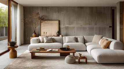 A Scandinavian-inspired room with light grey textured wallpaper and a comfortable light grey fabric sofa. 