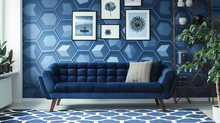 Wall Mural - A sophisticated living area with mid-century modern wallpaper displaying hexagonal patterns in shades of blue and white, matched with a navy blue velvet sofa.