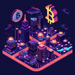 Wall Mural - Bitcoin Investment Isometric. Cryptocurrency investment. Block chain technology, smart city. Vector isometric creative illustration