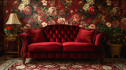 Wall Mural - A traditional living room with ornate floral wallpaper in rich reds and golds, matched with a classic burgundy velvet sofa.