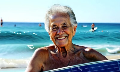 Poster - Elderly woman with surfboard on the beach in the summer