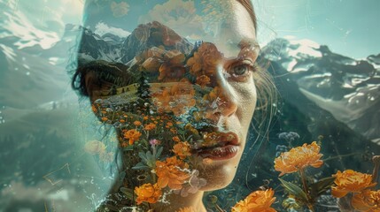 Wall Mural - A woman wearing flowers in her hair stands in front of a mountainous landscape, ideal for use as a peaceful travel or nature-inspired design element