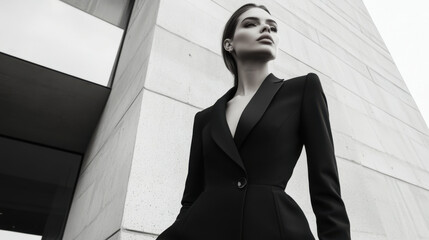 Chic woman in a tailored suit, sleek hair, modern urban setting, powerful fashion statement