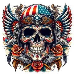 Wall Mural - Sugar Skull with American Flag Helmet and Wings