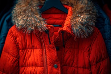 bright red jacket with fur collar displayed on a hanger in a clothing store during winter, copy spac