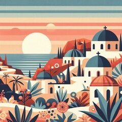 Wall Mural - Santorini landscape. AI generated illustration