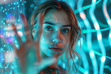 Wall Mural - young woman standing in front of interactive glass screen and touch interface for interacting with d