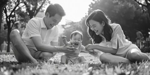 A black and white photo of a happy family spending time with their little one