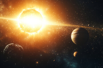 Wall Mural - planets are orbiting massive star in deep space. planetary system and glowing star