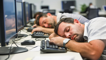 very tired man sleeping on work over keyboard