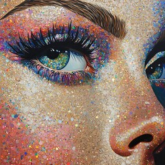 Wall Mural - A woman's face with glittery eyes and a pink nose